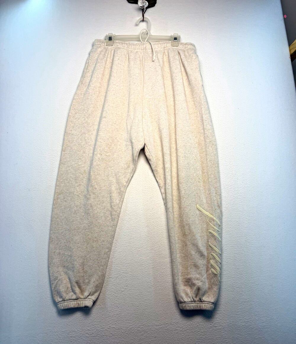 PINK Women cream heathered Fleece Sweatpants Drawstring Elastic Waist Pockets XL